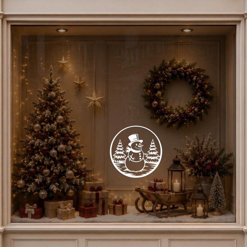 Snowman Christmas window decal displayed on a warmly decorated festive shop window.