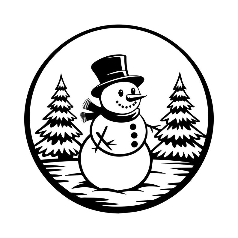 Christmas snowman vinyl decal with snow-covered fir trees and a circular winter landscape design.