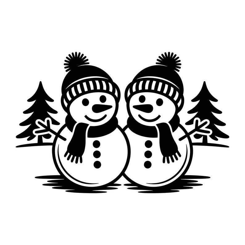Christmas vinyl decal design featuring two smiling snowmen surrounded by fir trees and snowflakes.