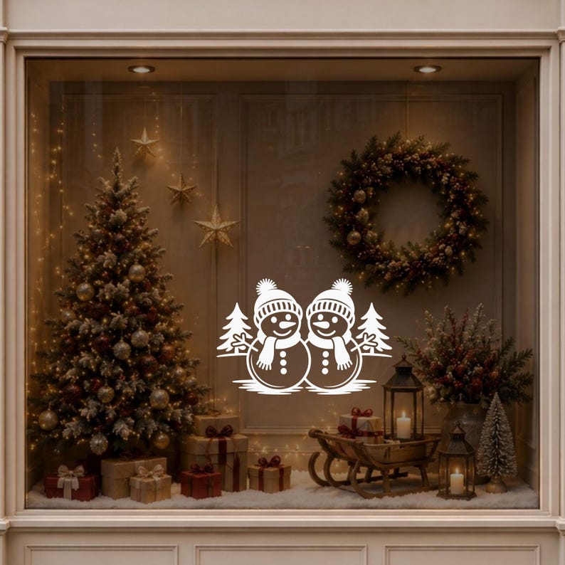 Christmas snowmen window decal displayed on a warmly decorated festive shop window.
