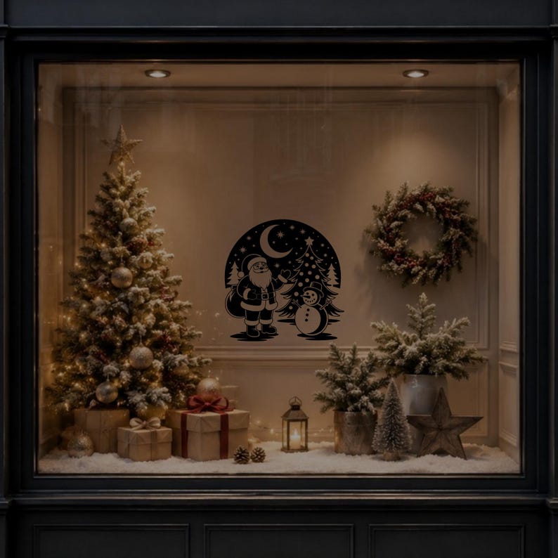 Christmas winter scene vinyl sticker featuring Santa and a snowman on a dark window display.