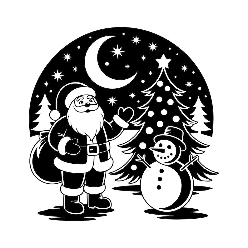Christmas vinyl decal featuring Santa Claus, a snowman, fir trees, falling snow and a crescent moon.