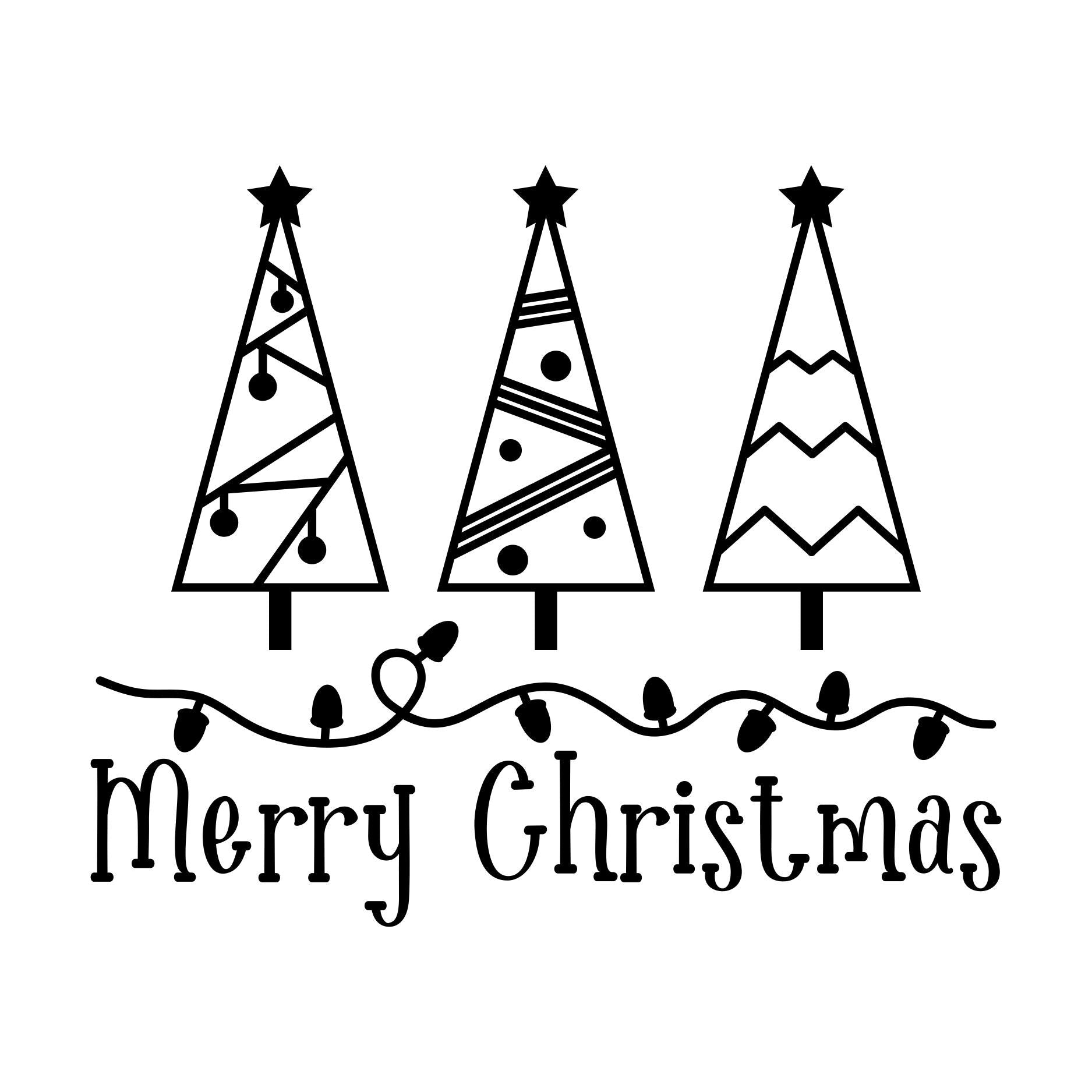 Christmas tree vinyl decal with three hand-drawn festive trees, star toppers and Merry Christmas lettering.