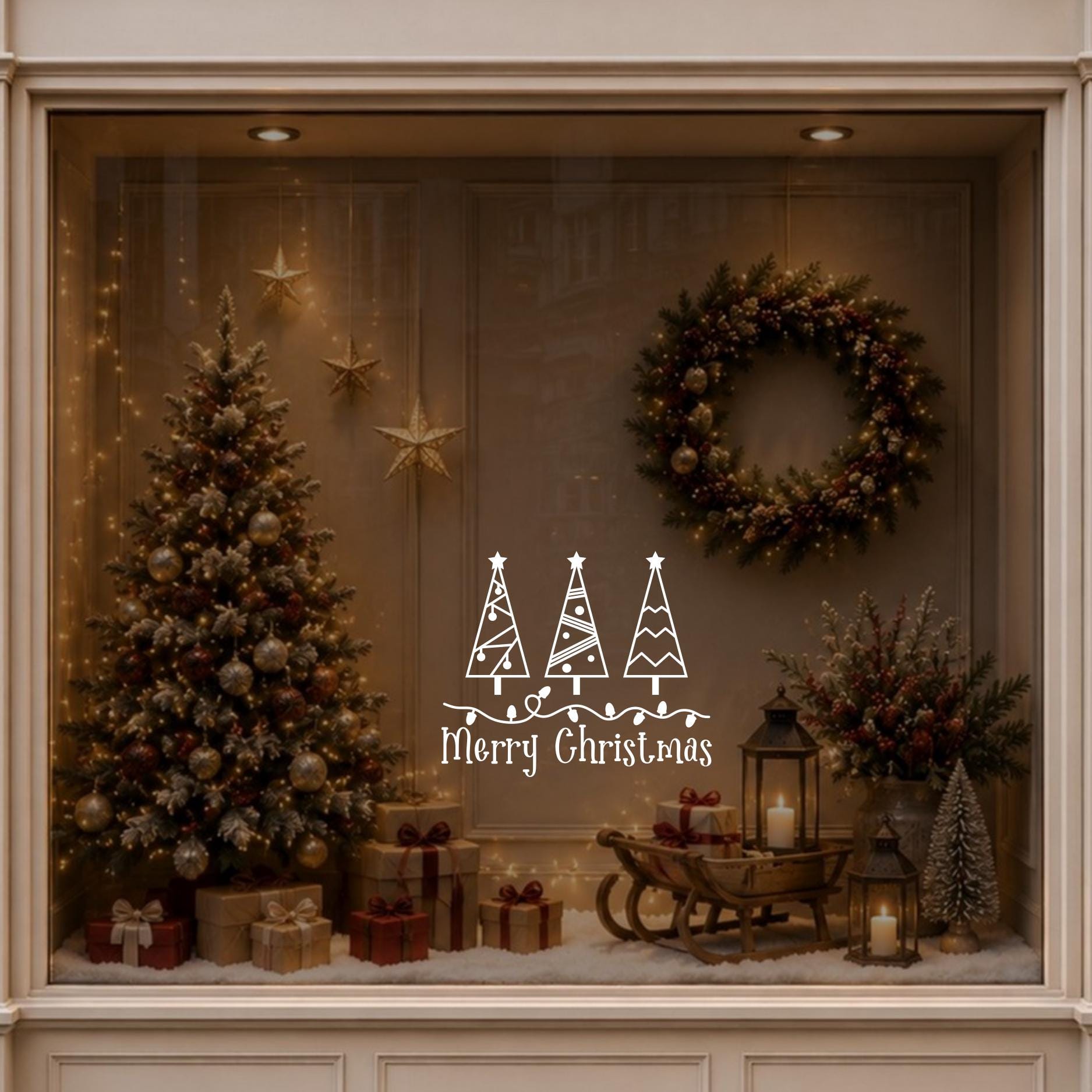 Merry Christmas tree window decal displayed on a warmly decorated festive shop window.