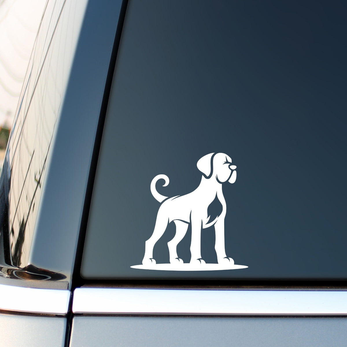 Standing Great Dane vinyl sticker — white decal on a vehicle window.