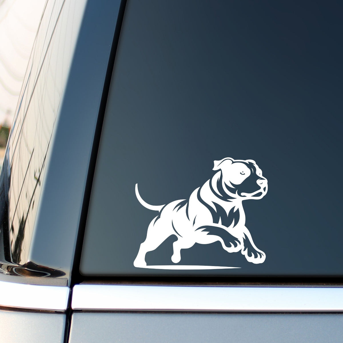 White Standing Pitbull decal on a car side window.