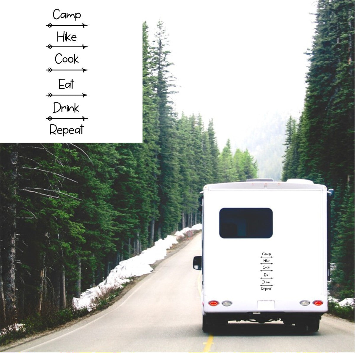 Camp Hike Cook Eat Drink Repeat Caravan Sticker