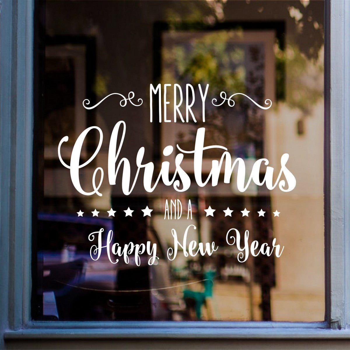 Merry Christmas And A Happy New Year Sticker in shop window