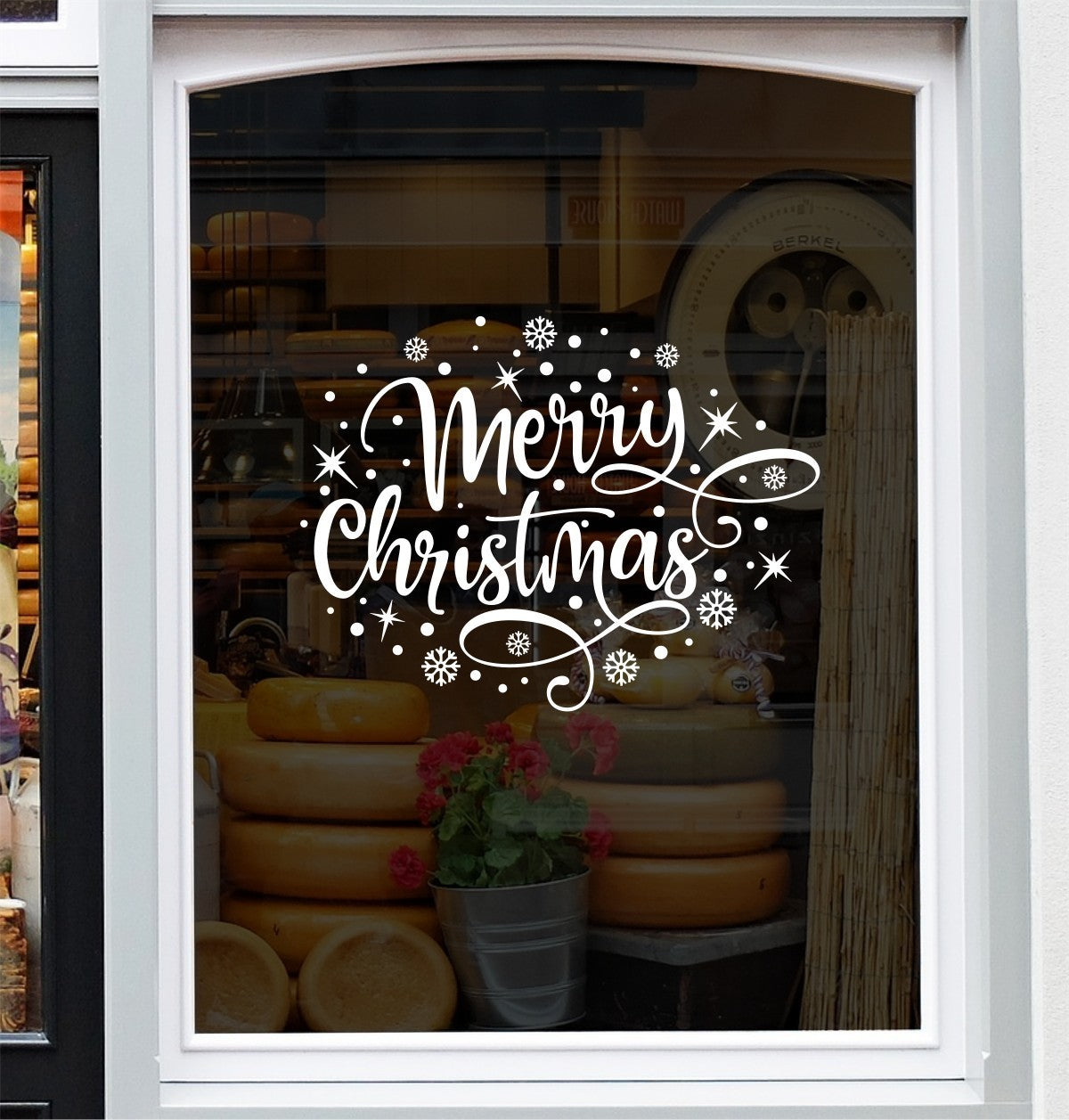 Merry Christmas vinyl window sticker design with snowflakes and stars