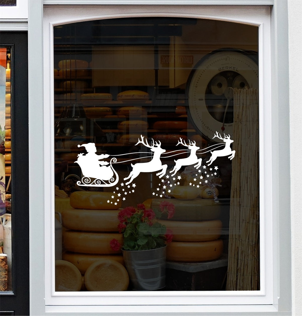 Santa sleigh and reindeer Christmas vinyl window sticker design with stars