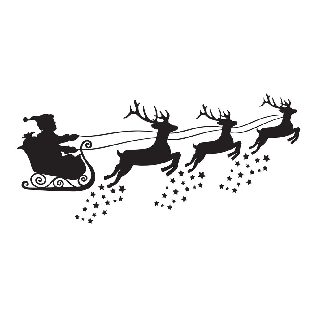White Santa sleigh and reindeer Christmas sticker on a fashion shop display