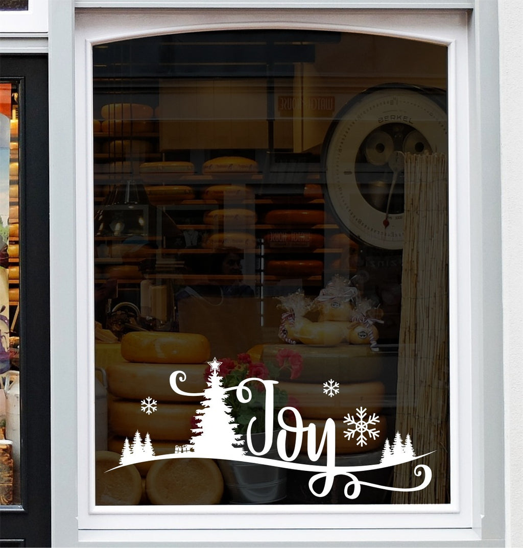 Joy Christmas scene vinyl window sticker design with tree and snowflakes