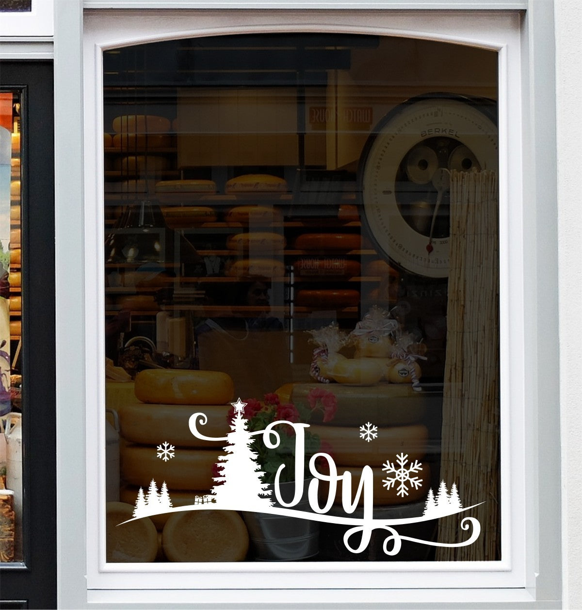 Joy Christmas scene vinyl window sticker design with tree and snowflakes