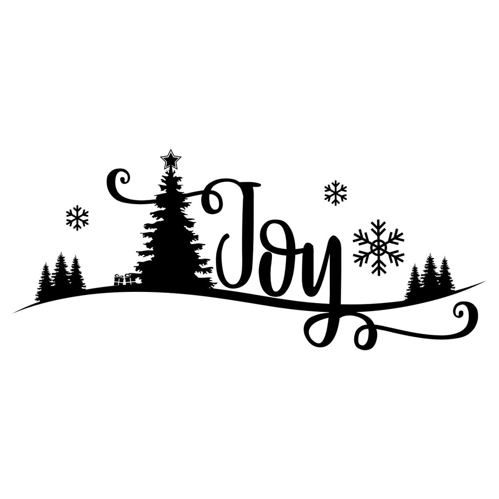Joy Christmas scene window sticker displayed on a festive shop window