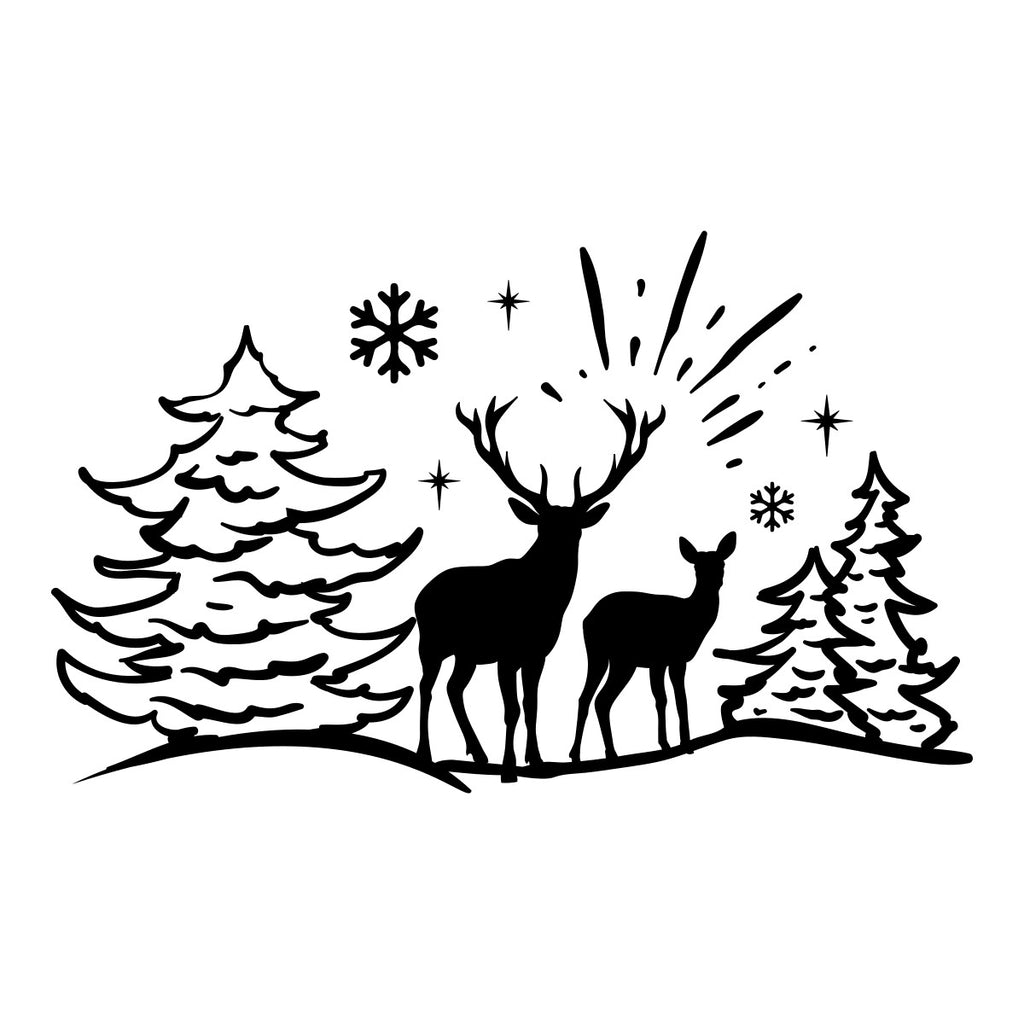 Reindeer woodland scene decal design with pine trees, snowflakes and stars