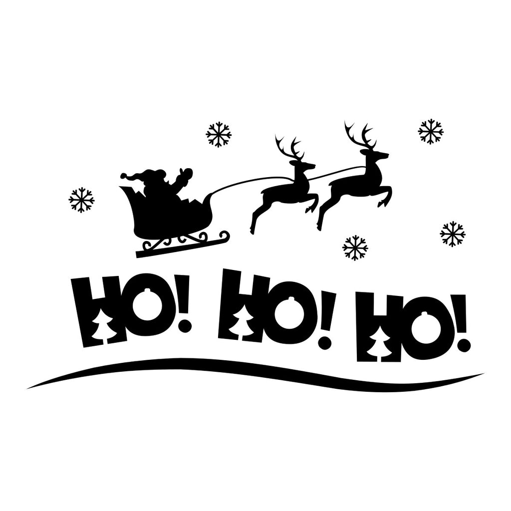 HO HO HO decal design with Santa in his sleigh, flying reindeer and snowflakes