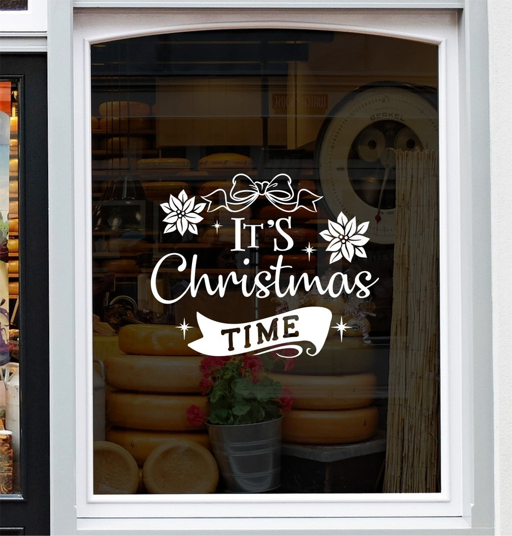 White It's Christmas Time festive vinyl decal on a window